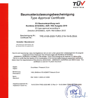 Example of TPED Type Approval Certificate for 149L 42 bar fire suppression pressure drum issued by TÜV Austria