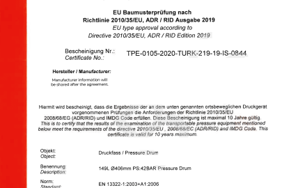 Example of TPED Type Approval Certificate for 149L 42 bar fire suppression pressure drum issued by TÜV Austria