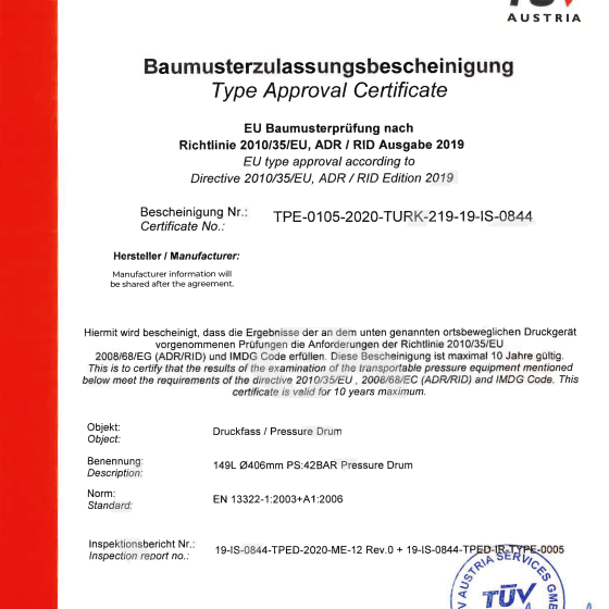 Example of TPED Type Approval Certificate for 149L 42 bar fire suppression pressure drum issued by TÜV Austria