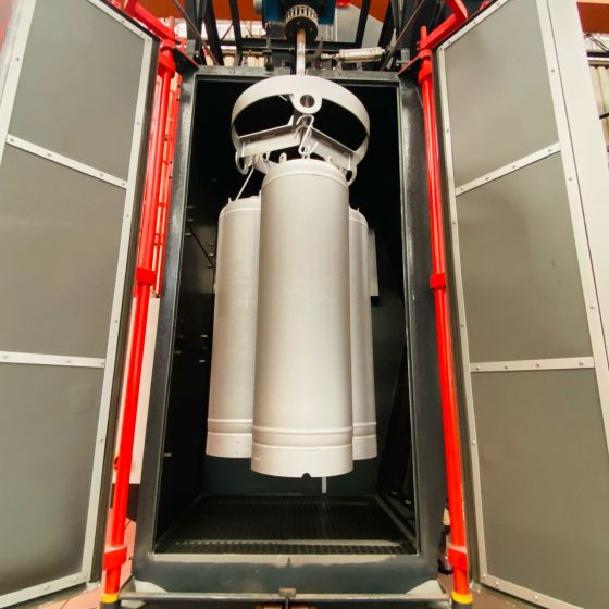 TPED, Pi Mark, UkrSepro, UL, PESO Certified Fire Suppression Cylinders Undergoing Sandblasting – Surface Preparation Process