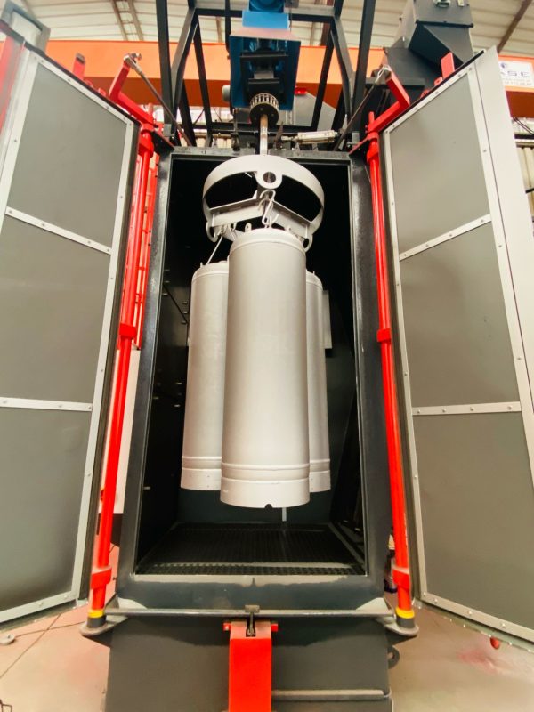 TPED, Pi Mark, UkrSepro, UL, PESO Certified Fire Suppression Cylinders Undergoing Sandblasting – Surface Preparation Process
