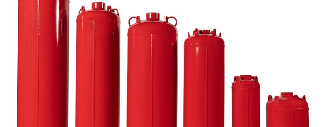 Six red TPED-certified fire suppression system cylinders in various sizes, ideal for FM-200 (HFC-227ea), Novec 1230 (FK-5-1-12), and fixed automatic clean agent gas systems.