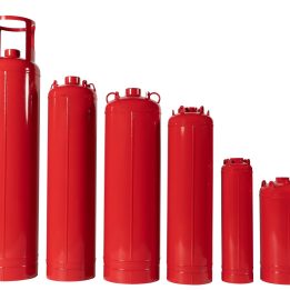 Six red TPED-certified fire suppression system cylinders in various sizes, ideal for FM-200 (HFC-227ea), Novec 1230 (FK-5-1-12), and fixed automatic clean agent gas systems.