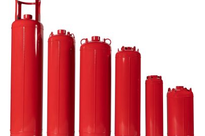 Six red TPED-certified fire suppression system cylinders in various sizes, ideal for FM-200 (HFC-227ea), Novec 1230 (FK-5-1-12), and fixed automatic clean agent gas systems.