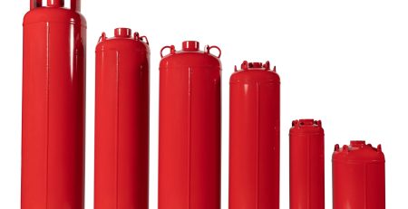 Six red TPED-certified fire suppression system cylinders in various sizes, ideal for FM-200 (HFC-227ea), Novec 1230 (FK-5-1-12), and fixed automatic clean agent gas systems.