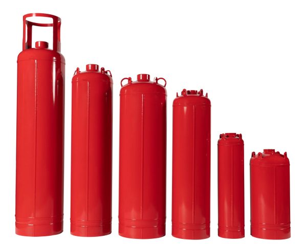 Full Range of TPED Certified Clean Agent Fire Suppression Cylinders Six red TPED-certified fire suppression system cylinders in various sizes, ideal for FM-200 (HFC-227ea), Novec 1230 (FK-5-1-12), and fixed automatic clean agent gas systems.