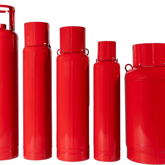 Red TPED, Pi marked, UL, PESO, EAC, GOST, UkrSEPRO certified fire suppression system cylinders in various sizes (180L, 147L, 83L, 45L, 267L) for clean agent gases like FM-200 and Novec 1230.