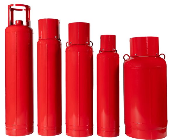 Red TPED, Pi marked, UL, PESO, EAC, GOST, UkrSEPRO certified fire suppression system cylinders in various sizes (180L, 147L, 83L, 45L, 267L) for clean agent gases like FM-200 and Novec 1230.