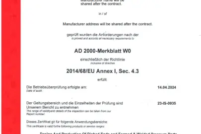 Eltegon AD 2000 Merkblatt 4.3 Certificate – Welded Head Production Approval. TÜV certificate for European market dished head production