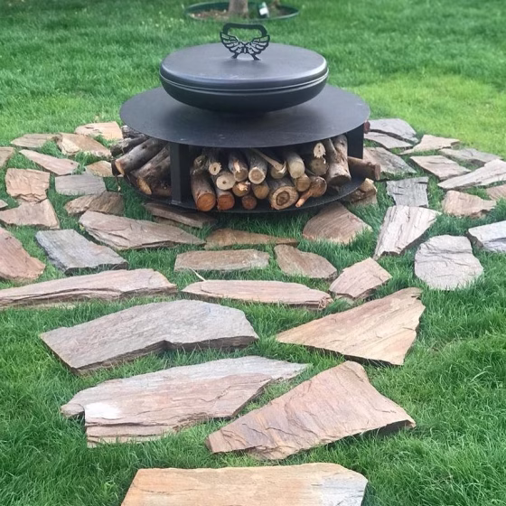 Round Fumolio Fuji fire pit for terrace, BBQ, and luxury fireplace use
