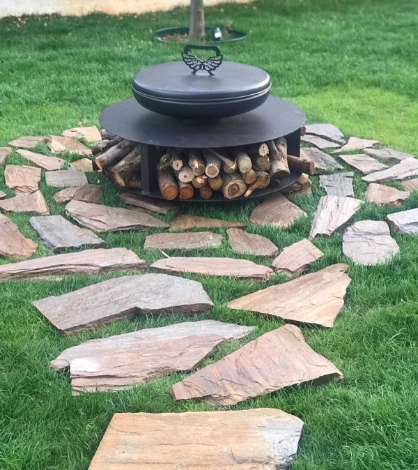 Round Fumolio Fuji fire pit for terrace, BBQ, and luxury fireplace use