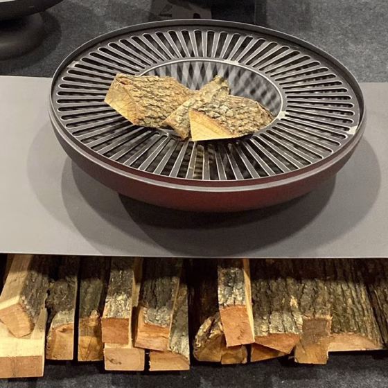 Fuji Square steel fire pit with BBQ grill installed at a boutique restaurant patio