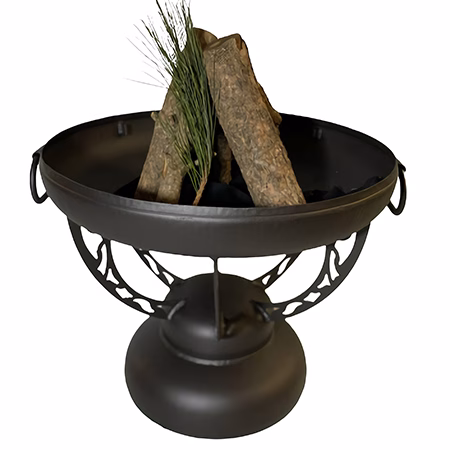 Outdoor fire pit with firewood and decorative stand in a modern garden