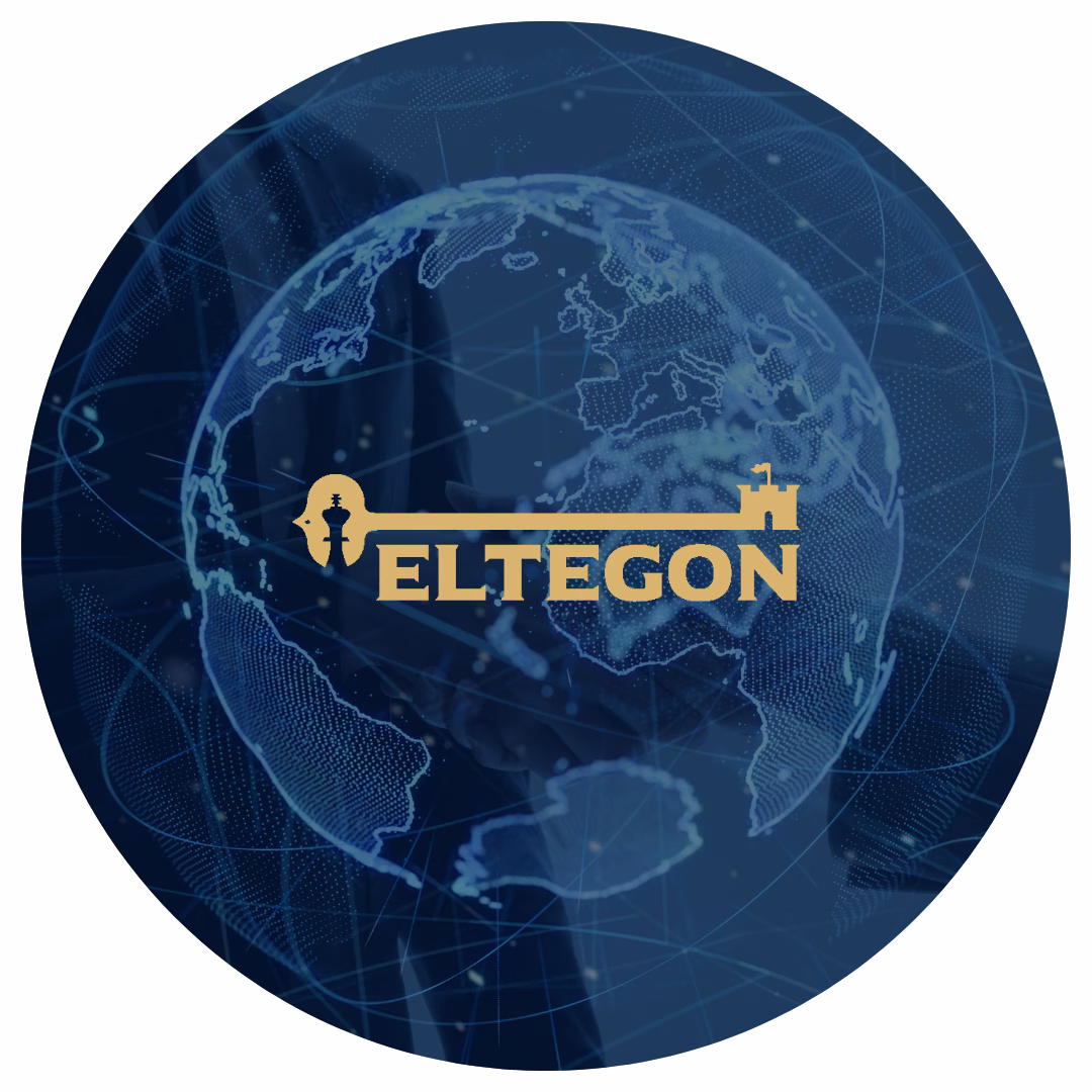 Eltegon logo on globe – global manufacturing, trade consultancy and international export solutions